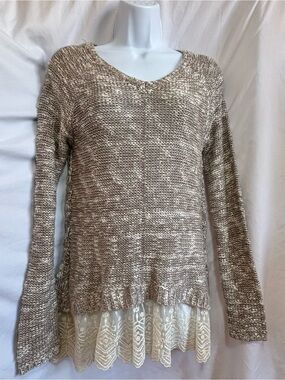 Vanity Beige Marled V-Neck Sweater with Lace Trim